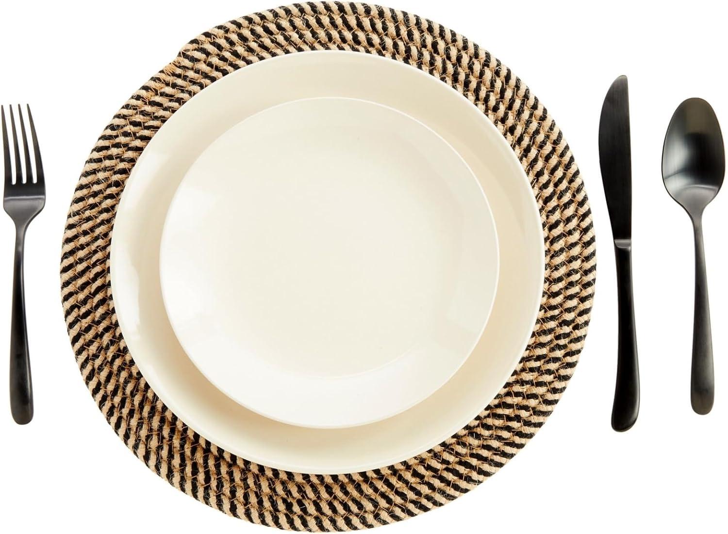 Set of 4 Blue and Tan Woven Jute Round Placemats