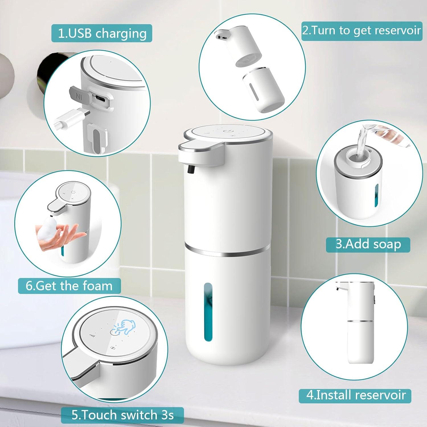 Automatic Foaming Soap Dispenser, Rechargeable, 400ml Touchless Soap Dispenser, Wall-Mounted, Waterproof Hands Free Infrared Motion Sensor Countertop, Auto Foam, Soap Pump (P11), White