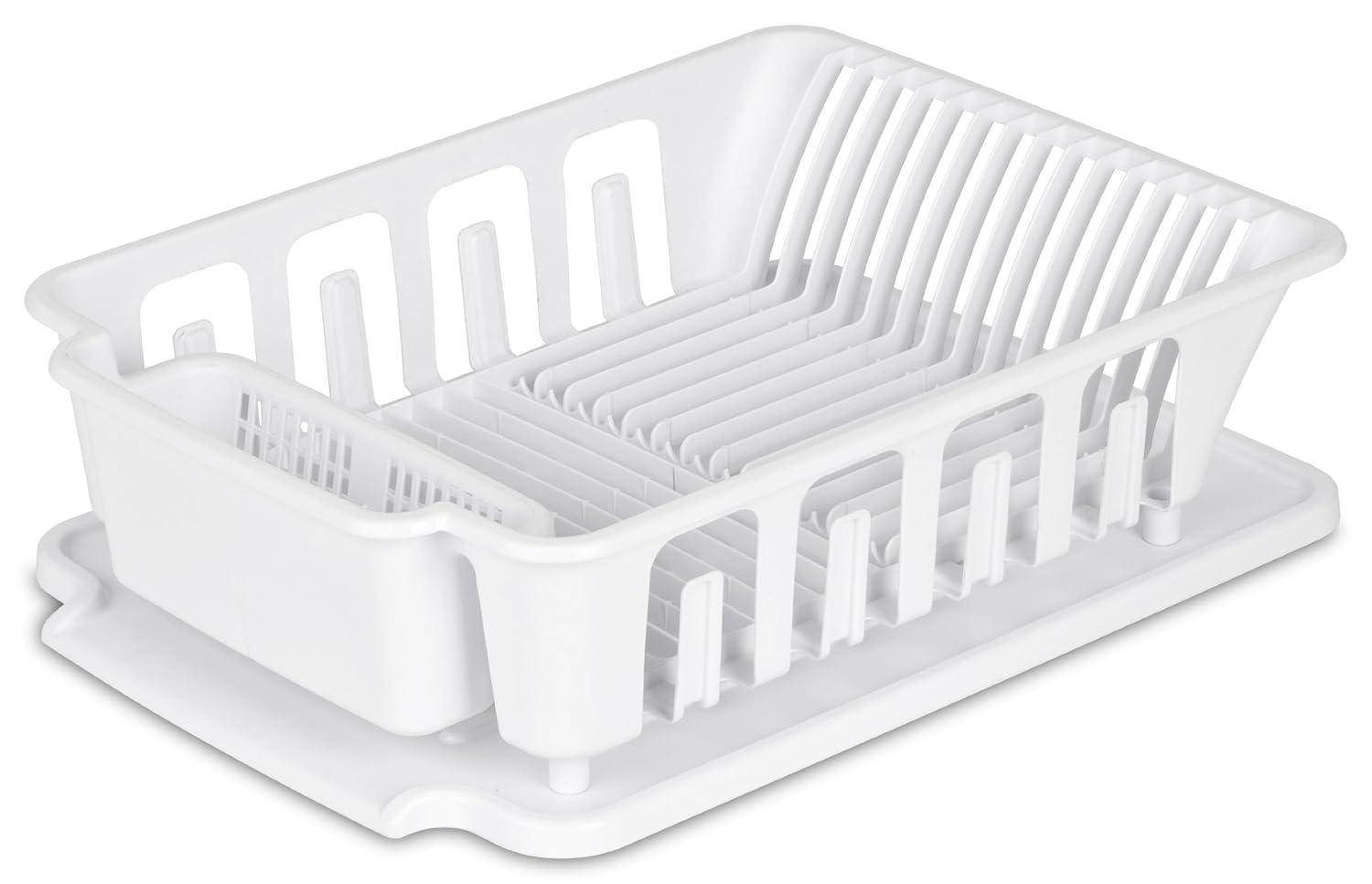 Sterilite Large 2 Piece Sink Set, Dish Drainer and Drainboard for Plates, Cups, and Flatware, White