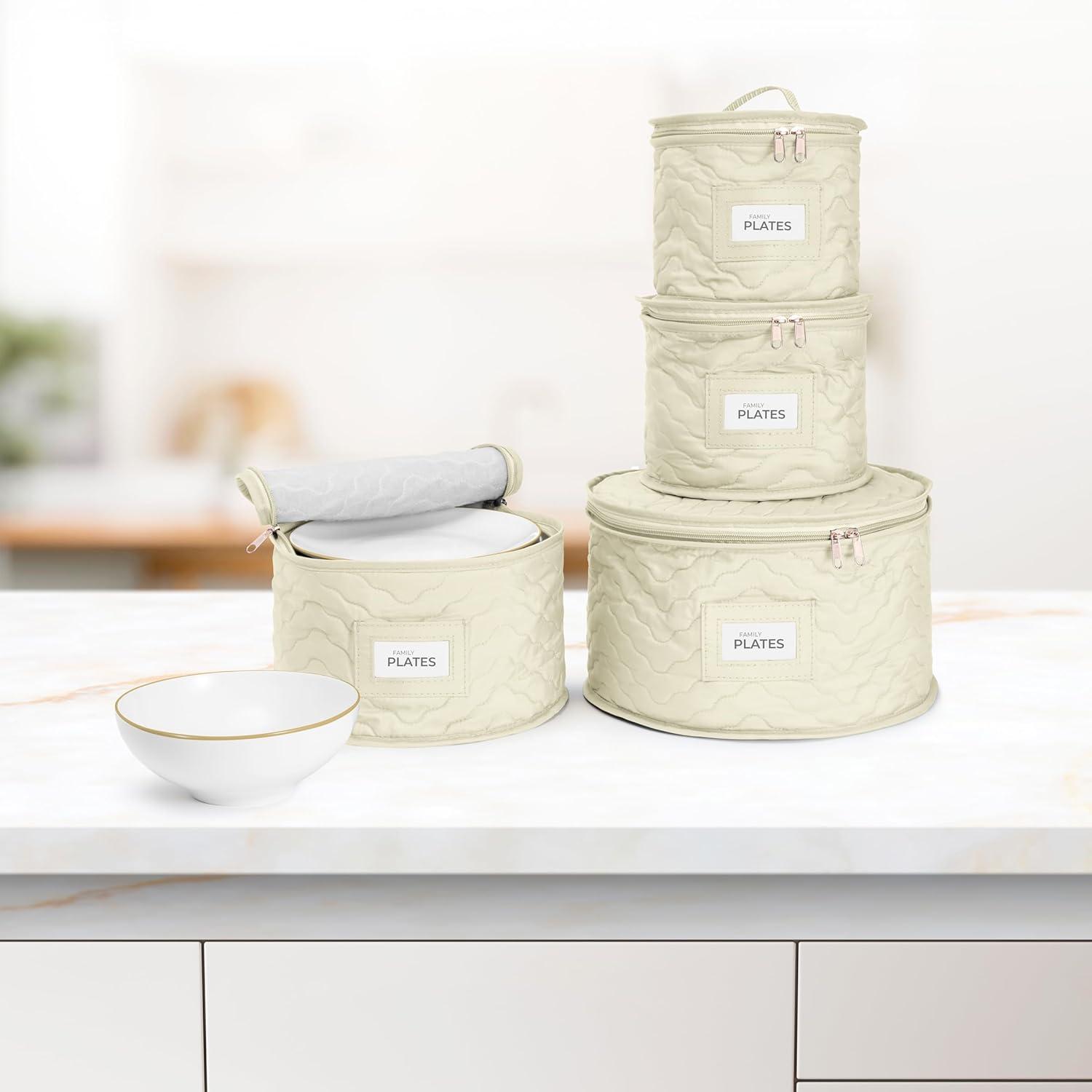 Beige Quilted Fabric Stackable Lidded Plate Storage Set