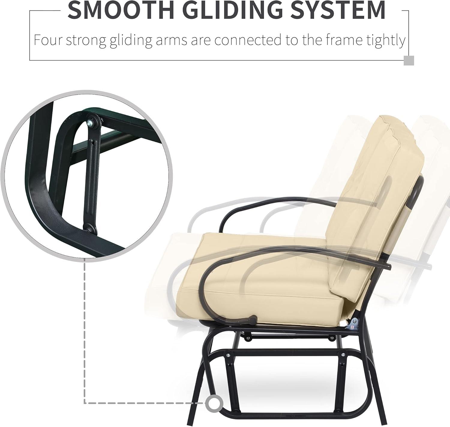 Outsunny Patio Glider Bench with Padded Cushions and Armrests, Outdoor 2-Person Swing Rocking Chair Loveseat with Sturdy Frame, Beige