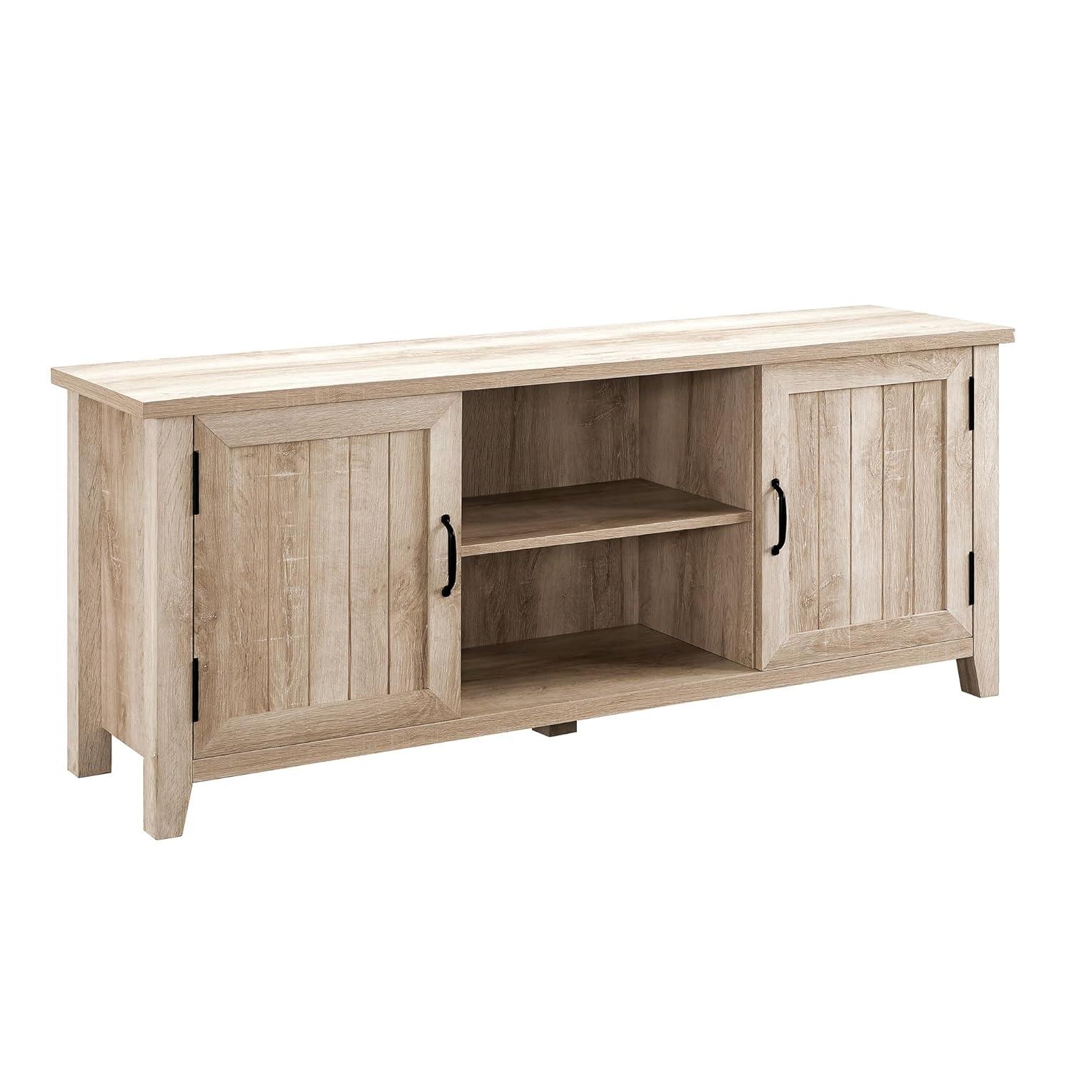 Transitional Grooved-Door 58" White Oak TV Stand with Cabinet