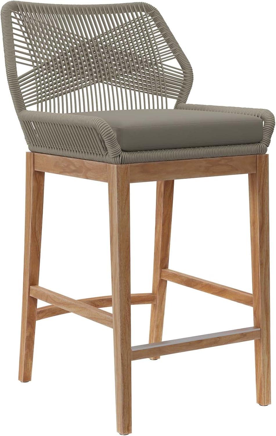 Teak and Woven Rope Outdoor Bar Stool with Cushion