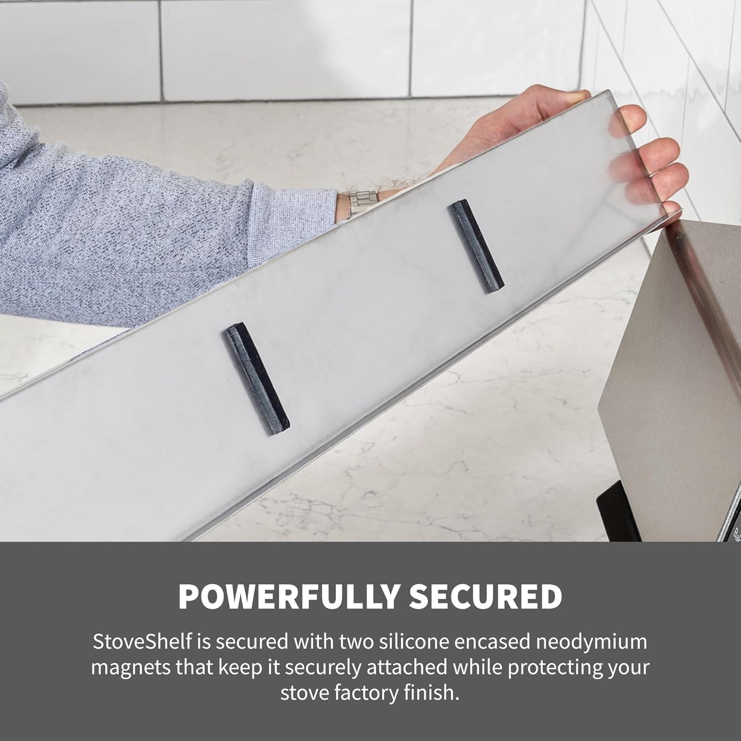 StoveShelf Deluxe 30"Length Stainless Steel Finish Magnetic Shelf for Kitchen Stove - Extra Strength Double Magnets - Kitchen Storage Solution with Zero Installation - Over Stove Spice Rack Organizer