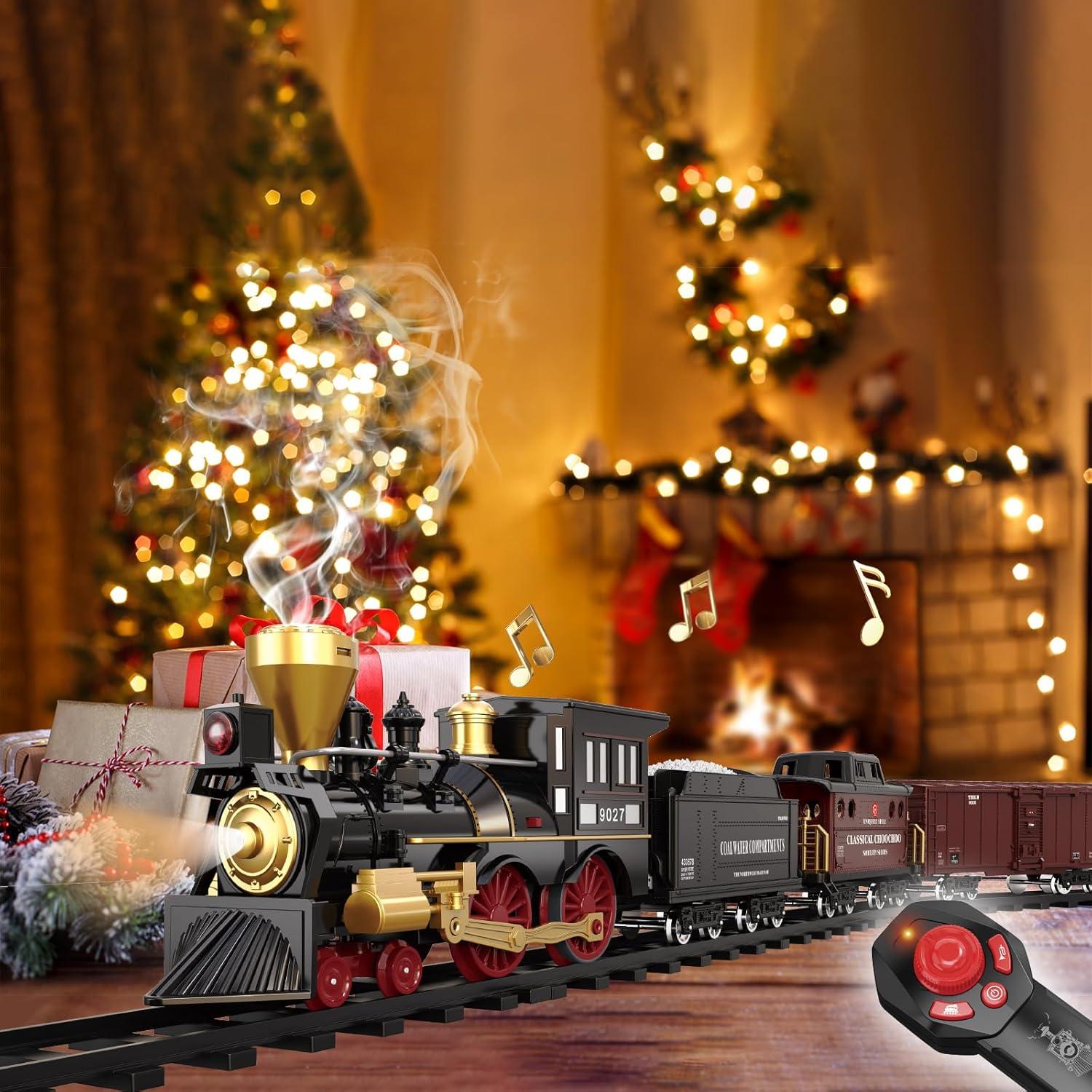 Train Set for Kids Remote Control Christmas Train Toys w/Steam Locomotive,Passenger Carriage & Luxury Tracks, Electric Trains w/Realistic Smoke,Sounds & Lights, Birthday Gift for Boys Girls 3 4 5 6 7