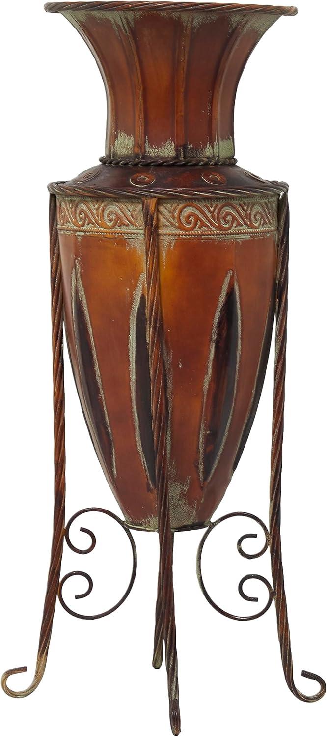 Rustic Weathered Brown Metal Amphora Floor Vase with Stand