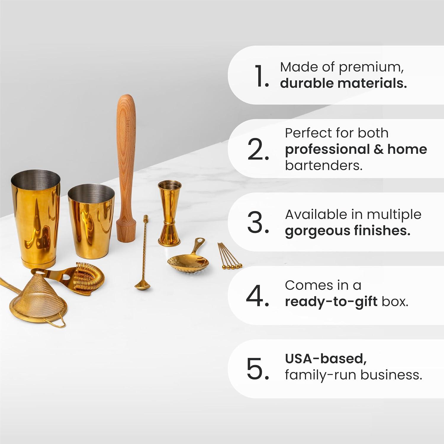 14-Piece Stainless Steel and Beechwood Bartender Set