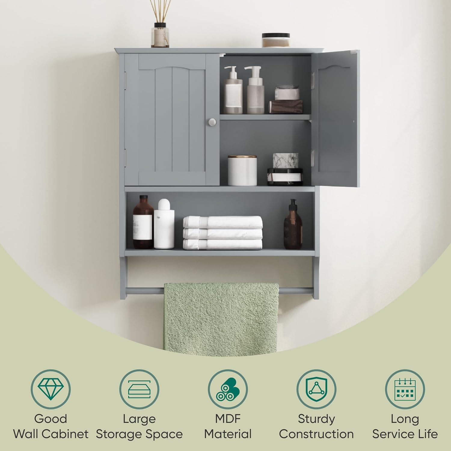 LOKO Wall Mounted Bathroom Cabinet with Towel Bar, Hanging Over The Toilet Storage Cabinet w/Adjustable Shelf, Medicine Cabinet Space-Saving Storage Organizer for Bathroom or Kitchen (Grey)