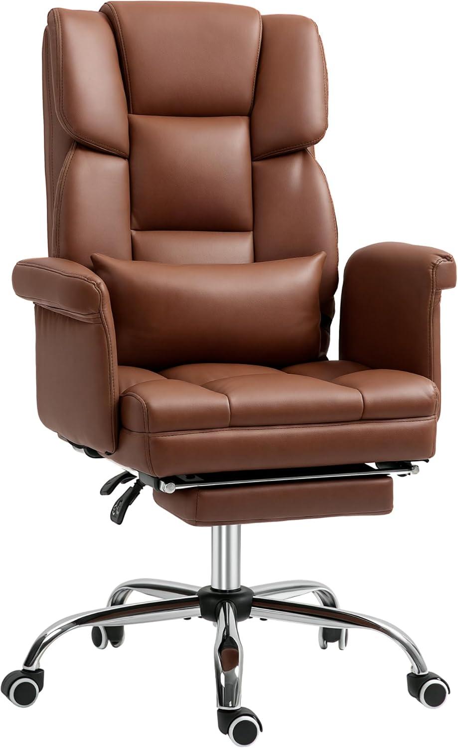 HOMCOM Executive Office Chair with Footrest and Lumbar Support, PU Leather Office Desk Chair, Ergonomic, Reclining and Swivel Chair, Brown