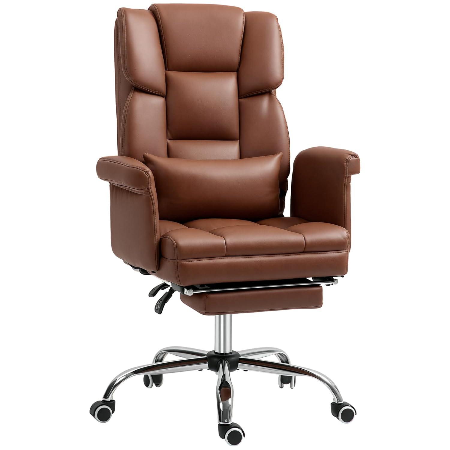 HOMCOM Executive Office Chair with Footrest and Lumbar Support, PU Leather Office Desk Chair, Ergonomic, Reclining and Swivel Chair, Brown