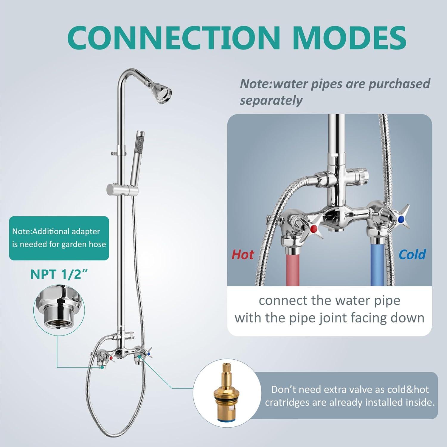 Aolemi Wall Mount Outdoor Shower Kit,Outdoor Shower Fixtures Faucet System with Handheld Spray,Double Handle 6 Inch Center Exposed Shower with Shower Head Polish Chrome