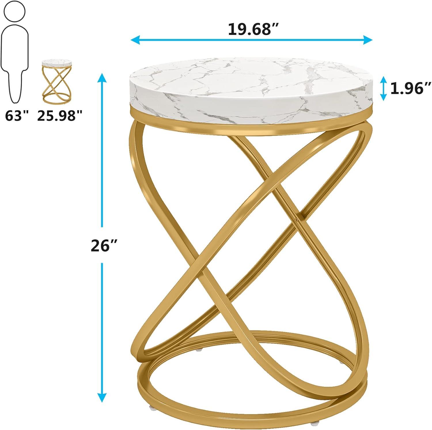 Round End Table, 26 Inches White and Gold Faux Marble Top Nightstands Sofa Side Table with Double X-Shaped Ring Unique Design for Livingroom Bedroom