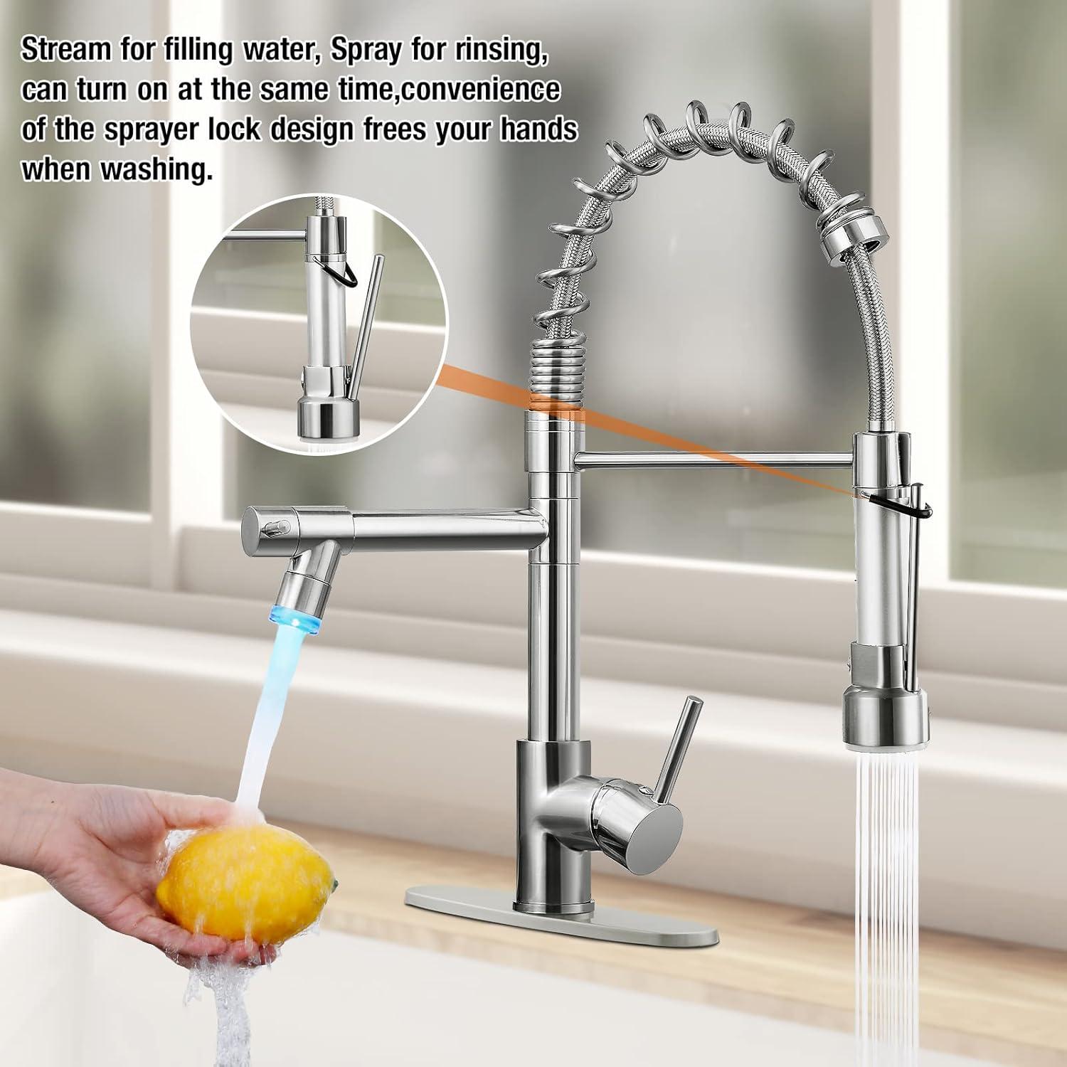 Qomolangma Commercial LED Kitchen Sink Faucet with Pull Down Sprayer, Modern Single Handle Kitchen Faucets with Light, Brushed Nickel