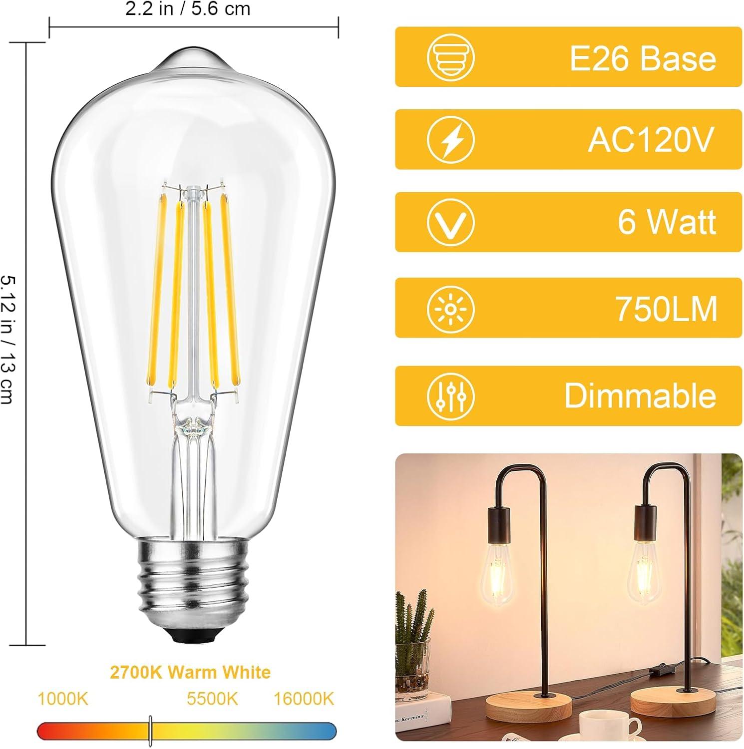 KY Vintage LED Edison Bulbs 6W, Equivalent 60W Incandescent, Warm White 2700K, ST58 Antique LED Filament Bulbs with 90+ CRI, E26 Medium Base,Dimmable, Clear Glass, Pack of 6