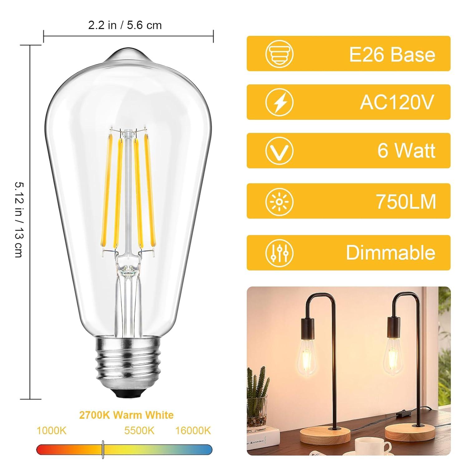KY Vintage LED Edison Bulbs 6W, Equivalent 60W Incandescent, Warm White 2700K, ST58 Antique LED Filament Bulbs with 90+ CRI, E26 Medium Base,Dimmable, Clear Glass, Pack of 6