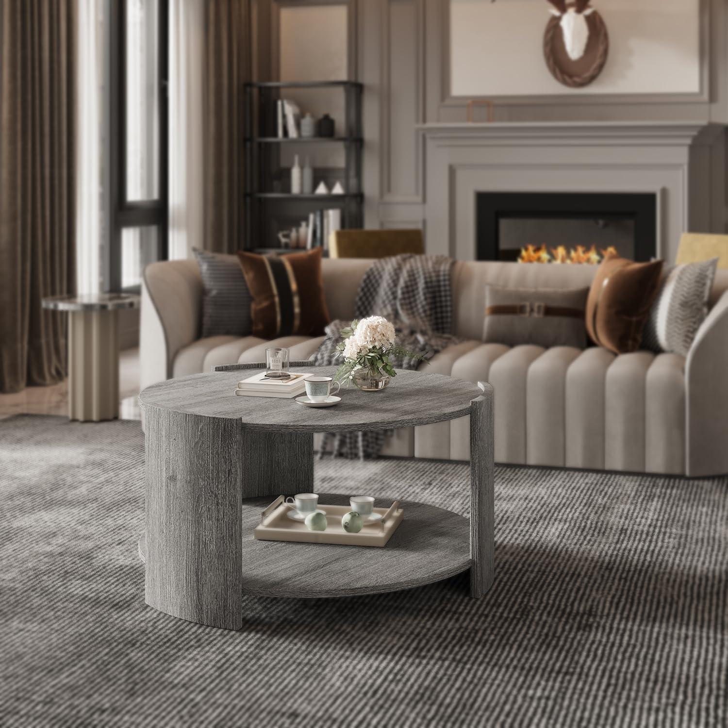 Michaelee Round Coffee Table, 36" Rustic Modern Circle Coffee Tables with 2 Tier Storage Shelf, Cocktail Table for Living Room Apartment