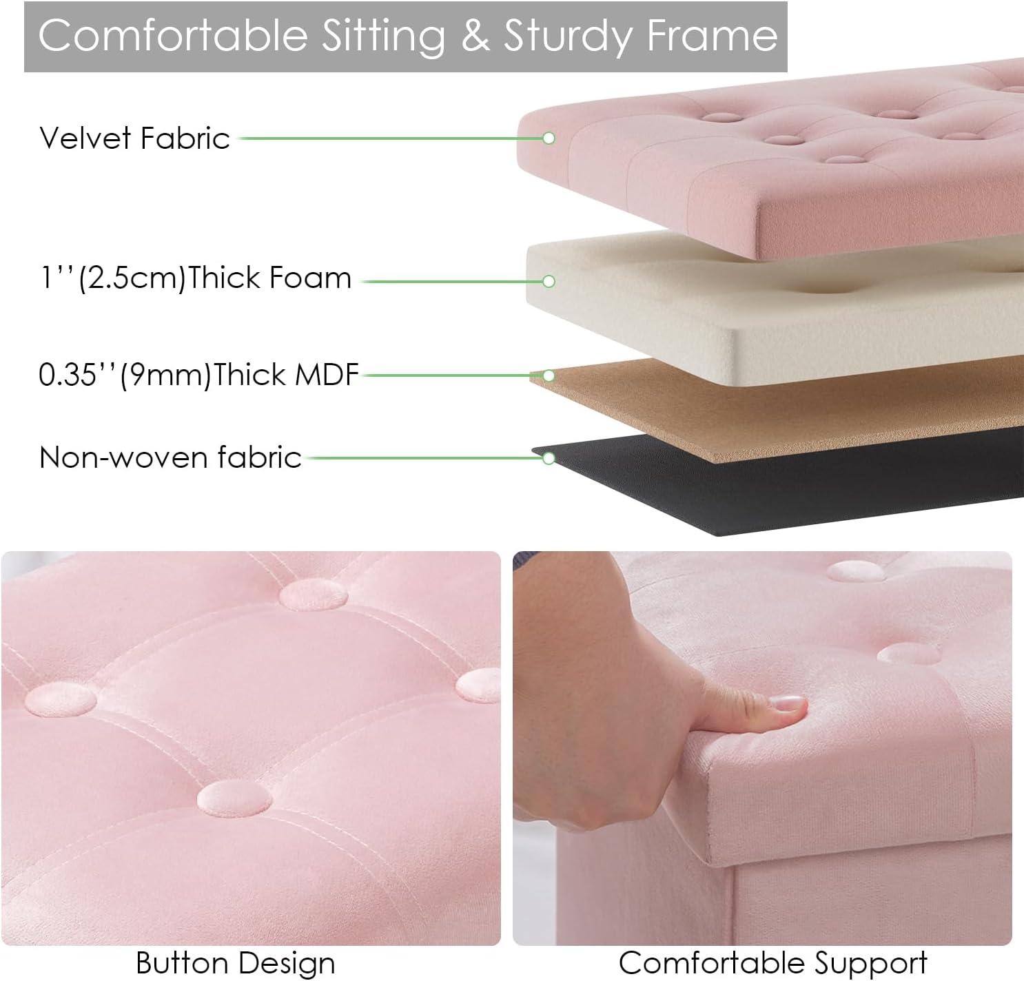 PRANDOM Extra Large Ottoman with Storage [1-Pack] Velvet Folding Small Square Foot Stool with Lid for Toy Living Room Bedroom Coffee Table Dorm Pink 30.5x15x15 inches
