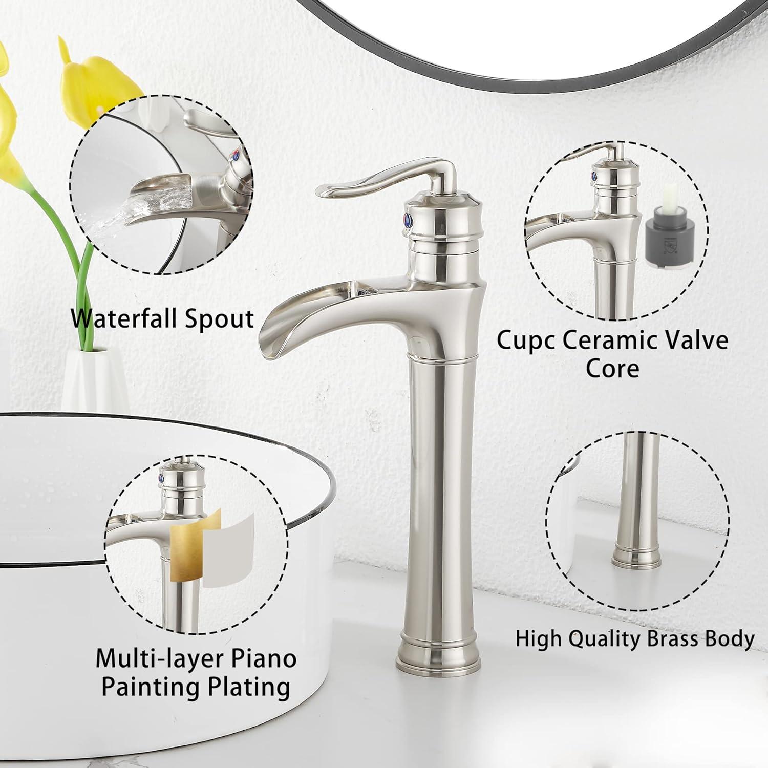 Waterfall Bathroom Faucet Brushed Nickel GGStudy Single Handle One Hole Tally Body Farmhouse Bathroom Vessel Sink Faucet Matching with Pop Up Drain