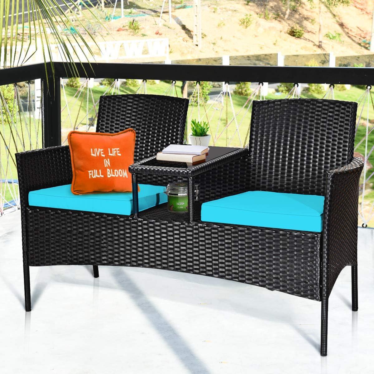 Resenkos Wicker Patio Conversation Furniture Set with Seat , Balcony Furniture Outdoor Rattan Patio Conversation Set with Removable Cushions and Table-Turquoise
