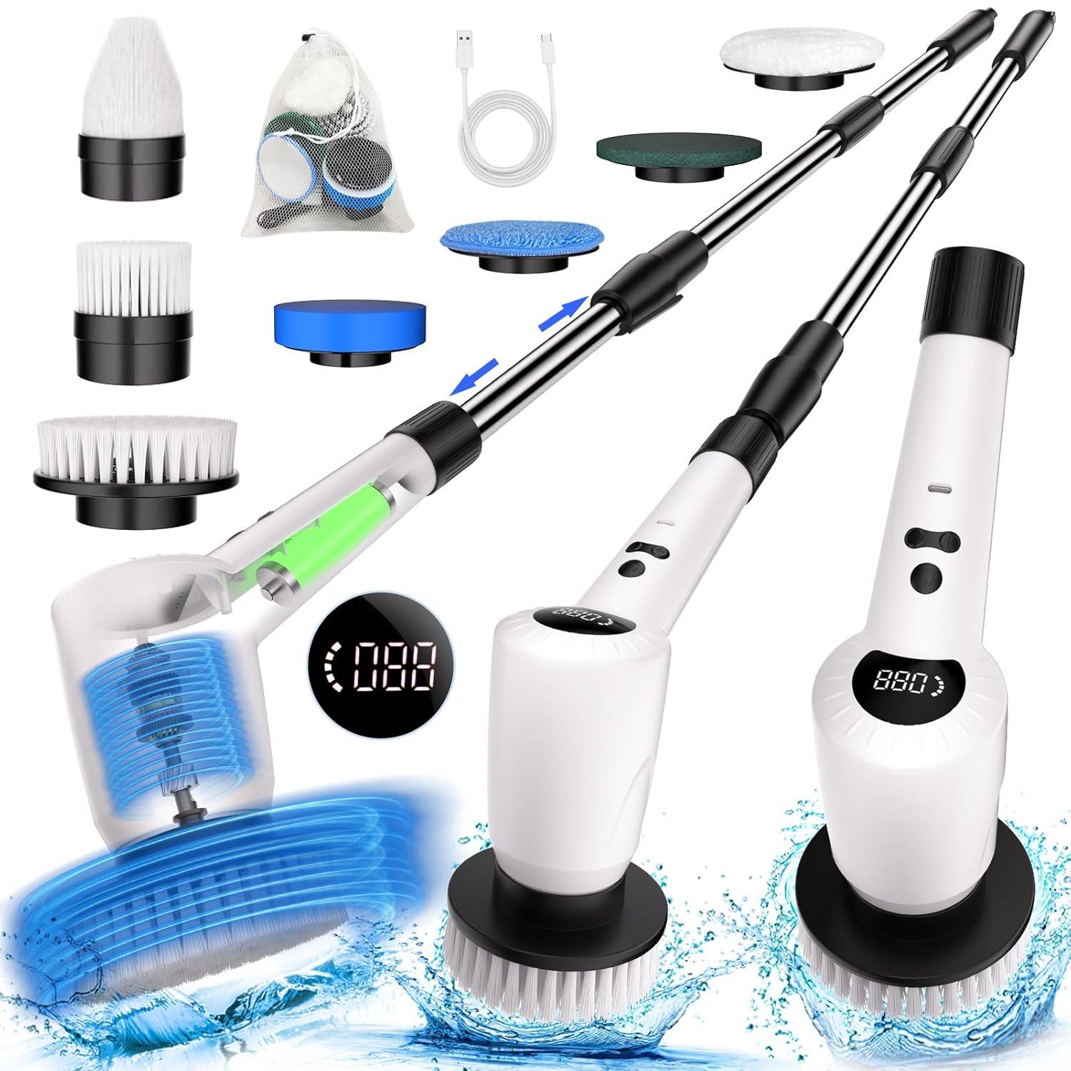 Electric Spin Scrubber，Upgrade Electric Spin Cordless Tub and Tile Scrubber w/ Adjustable Extension Arm，3 Speed 7 Replaceable Cleaning Heads，Power Spin Scrubbers Cleaning Bathroom，Floor，Car