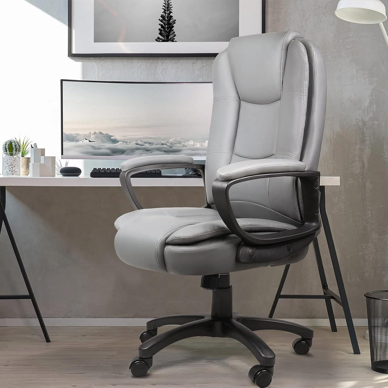 Gray High Back Leather Ergonomic Office Chair with Steel Frame