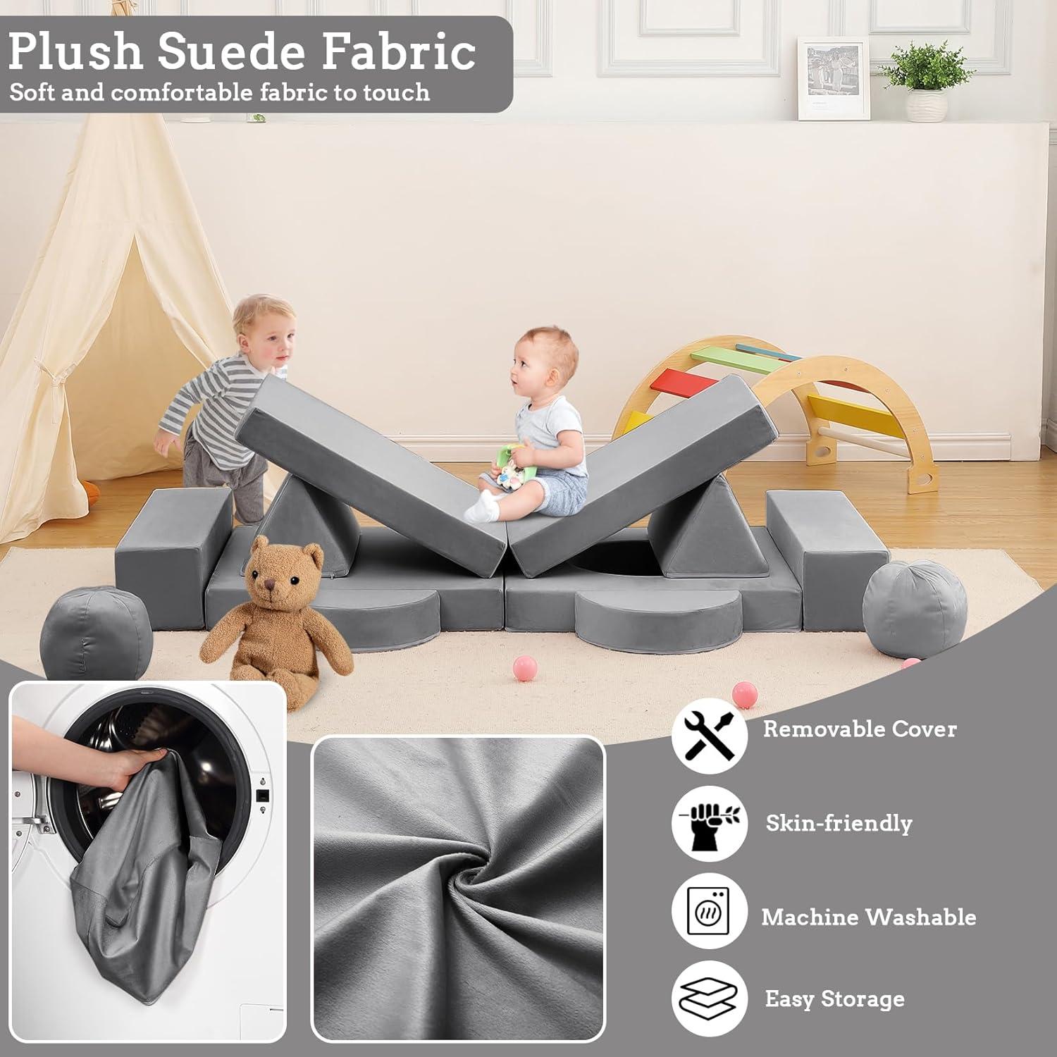 Kids Couch 12PCS Fold Out Toddler Couch with 2 balls, Modular Kids Couch for Playroom Creative Game Play Couch, Free DIY, Navy Blue