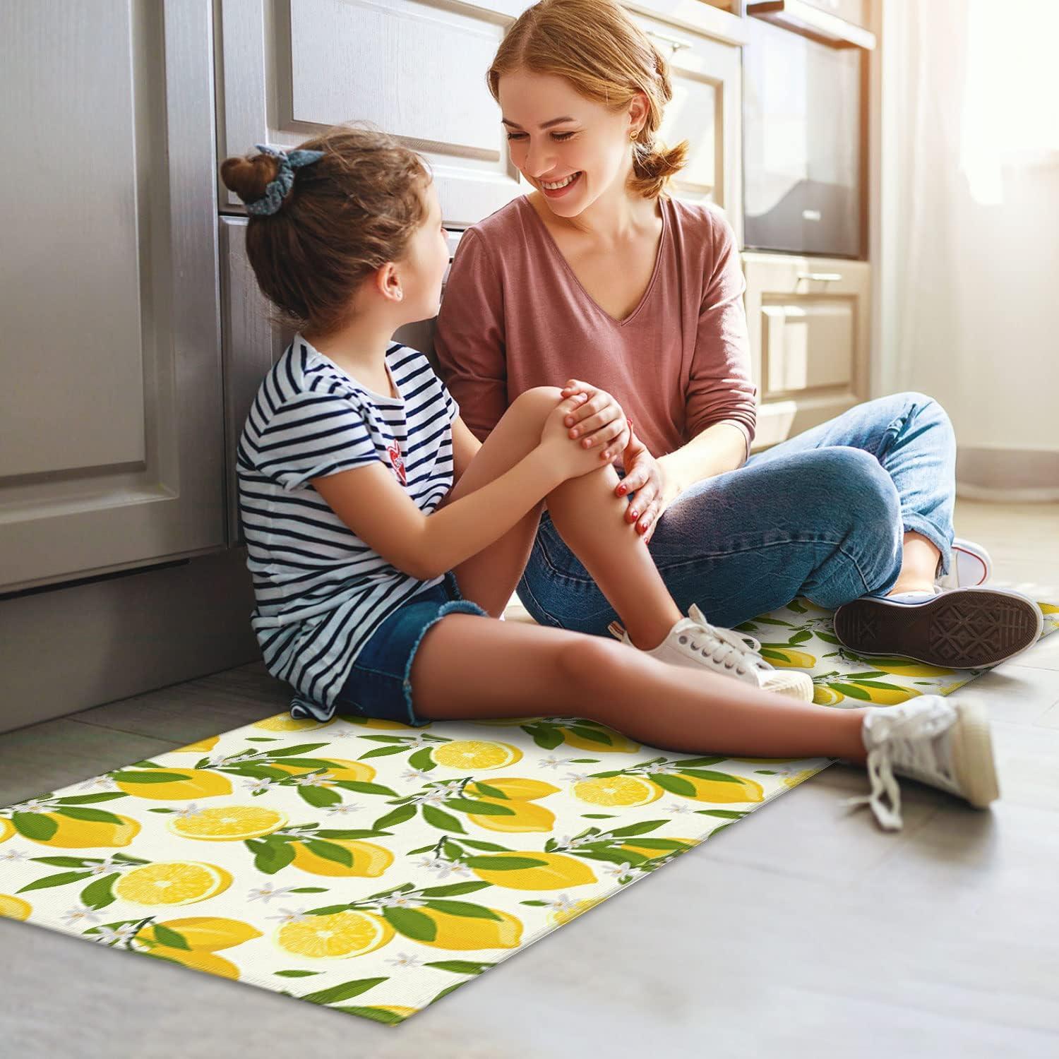 Lemon Kitchen Mats Cushioned Anti Fatigue 2 Piece Set, Memory Kitchen Mat Set Of 2, Farmhouse Kitchen Runner Rug and Waterproof Kitchen Mat for Home Kitchen Decor or Office 17"x30"+17"x47"