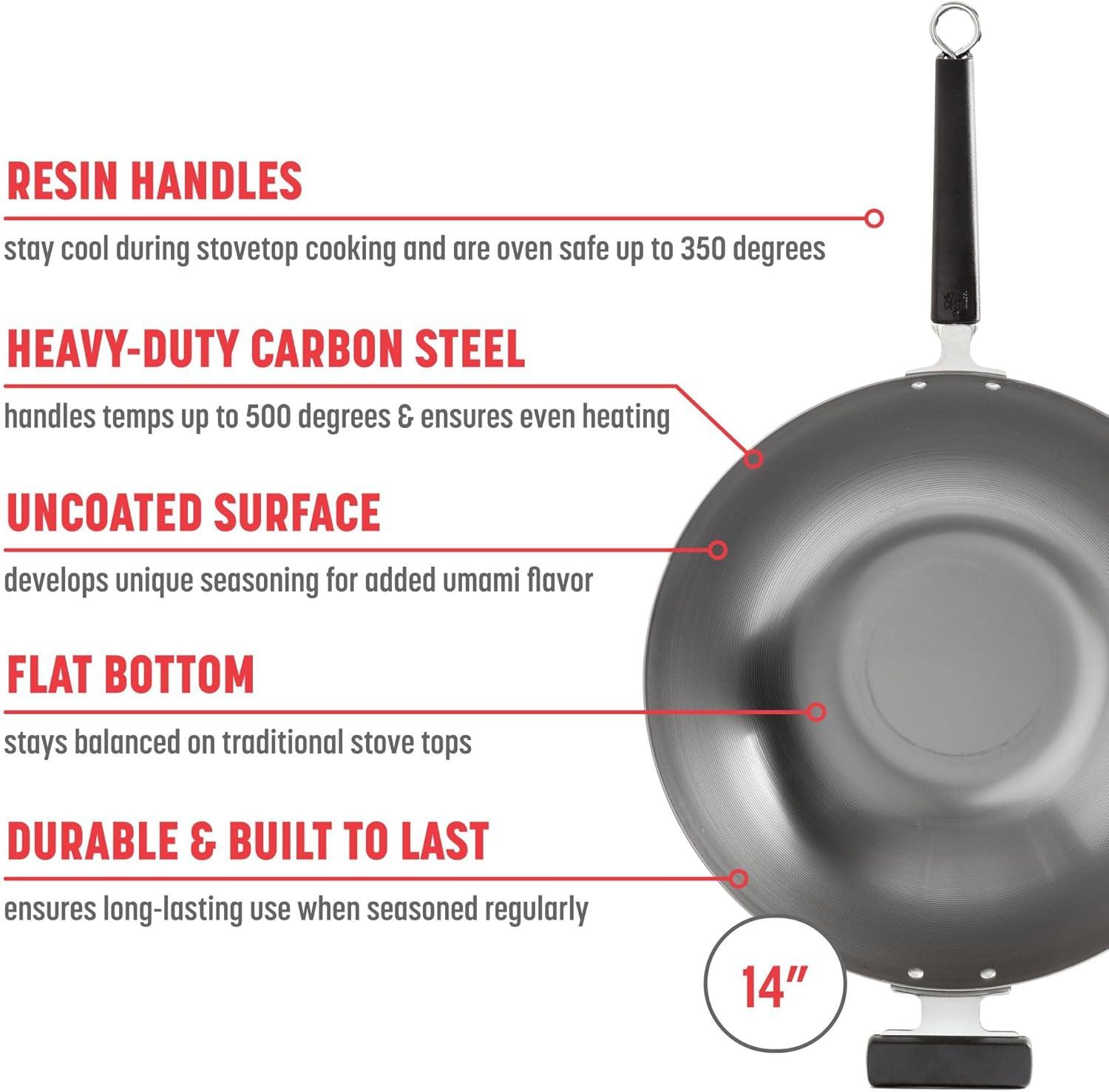 14-Inch Carbon Steel Flat Bottom Wok with Phenolic Handles