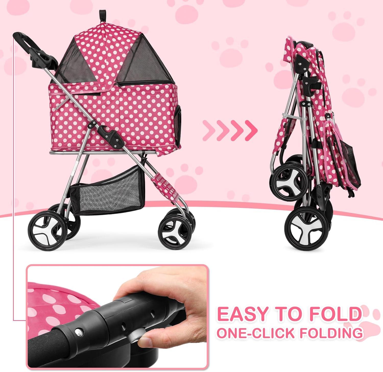 3-In-1 Pet Stroller Foldable Pet Stroller With Weather Cover Storage Basket For Dog Cat