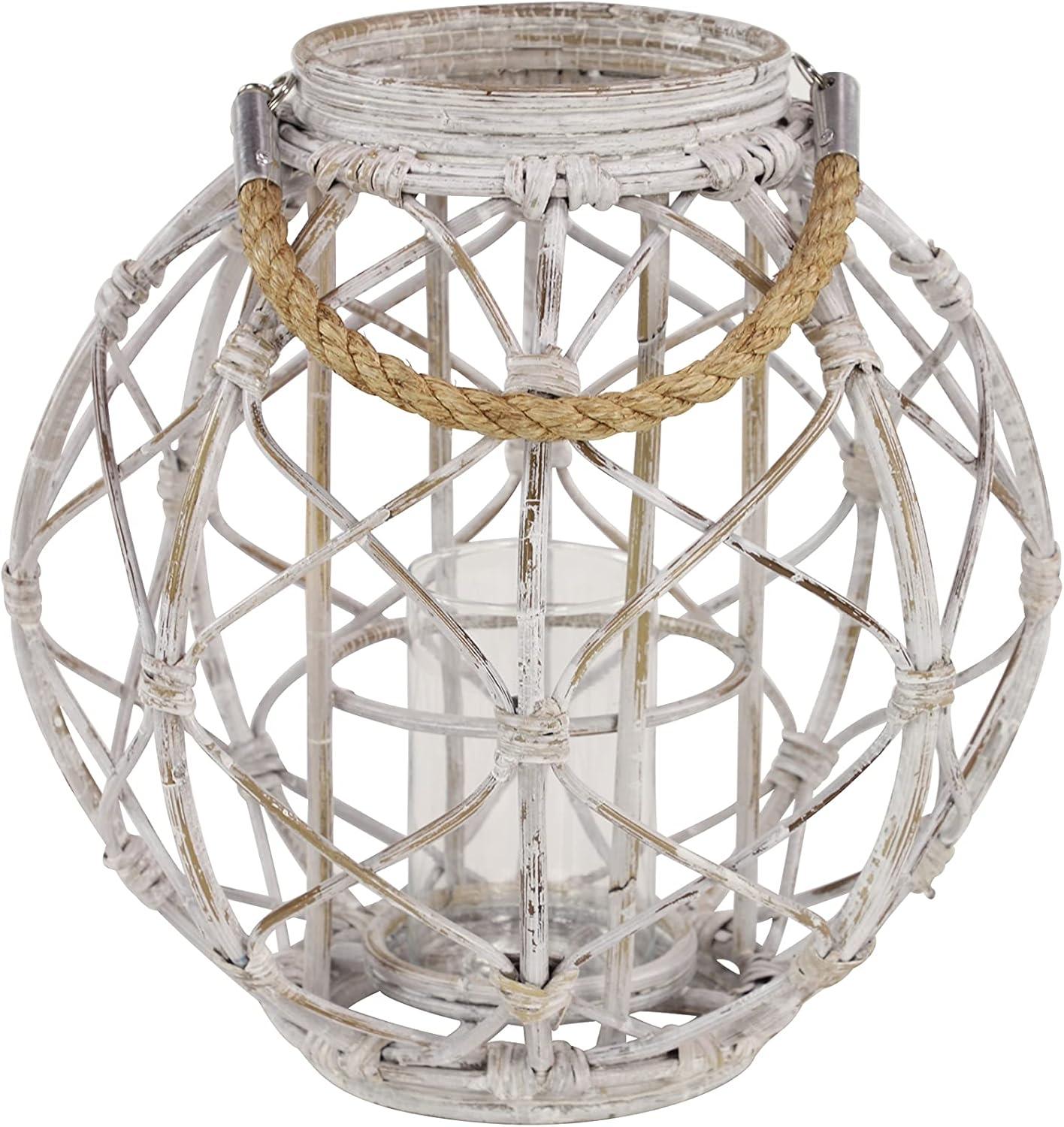 Decmode Large Round Woven Rattan White Lantern with Burlap Jute Rope Handle and Glass Insert, 15” x 15”