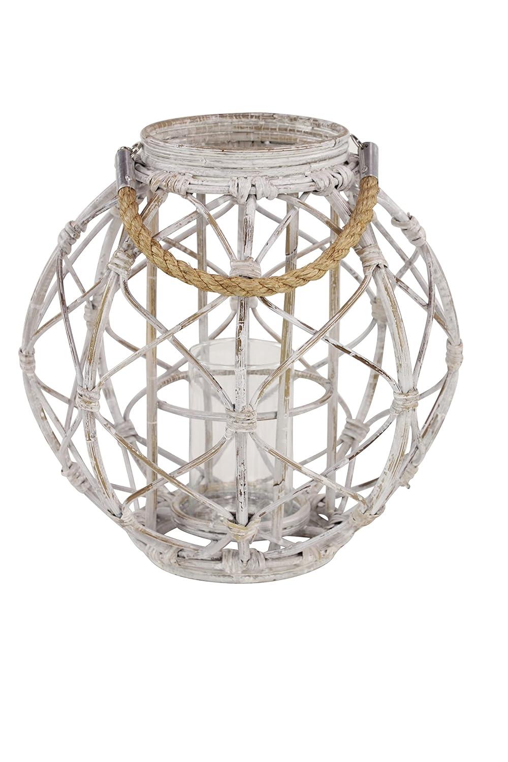 Decmode Large Round Woven Rattan White Lantern with Burlap Jute Rope Handle and Glass Insert, 15” x 15”
