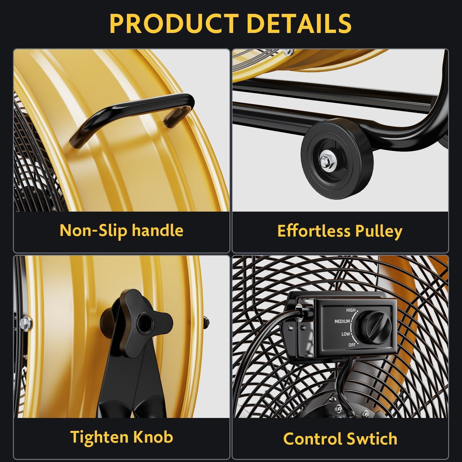 [US IN STOCK] Simple Deluxe 3 Speed Circulation for Industrial, Commercial, Residential, and Shop Use 24 Inch High Velocity Air Movement Heavy Duty Metal Drum Fan, Yellow