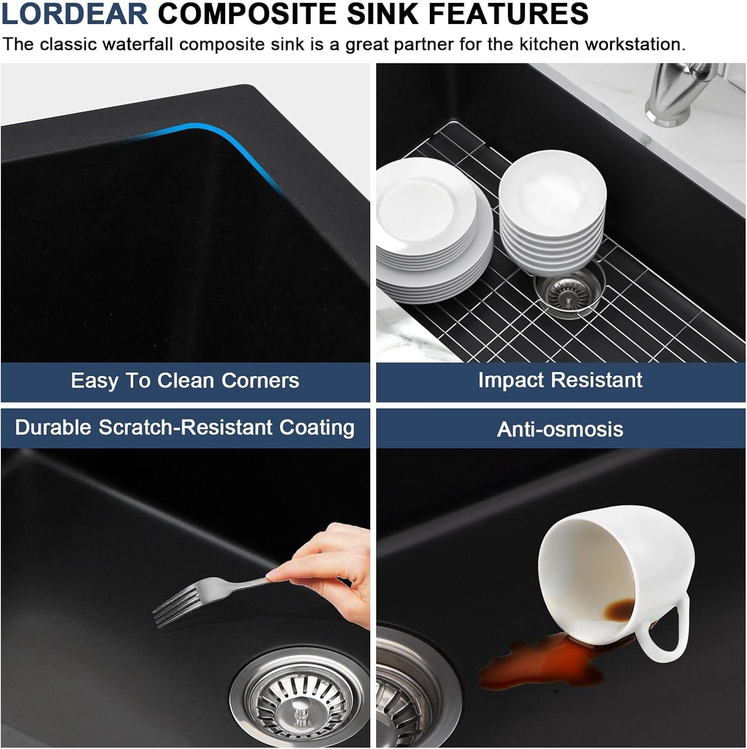 Davivy 33 Inch Black Granite Composite Kitchen Sink Workstation, 33 X 22 Quartz Composite Dual Mount Sink, Matte Black Composite Single Bowl Sink
