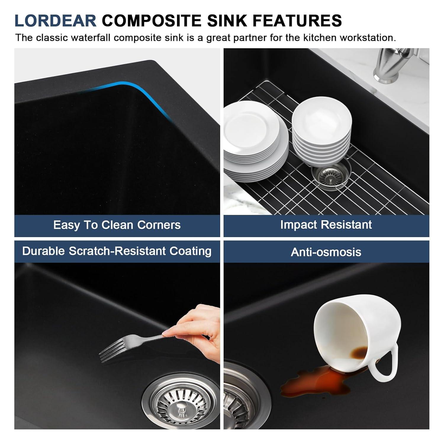 Davivy 33 Inch Black Granite Composite Kitchen Sink Workstation, 33 X 22 Quartz Composite Dual Mount Sink, Matte Black Composite Single Bowl Sink