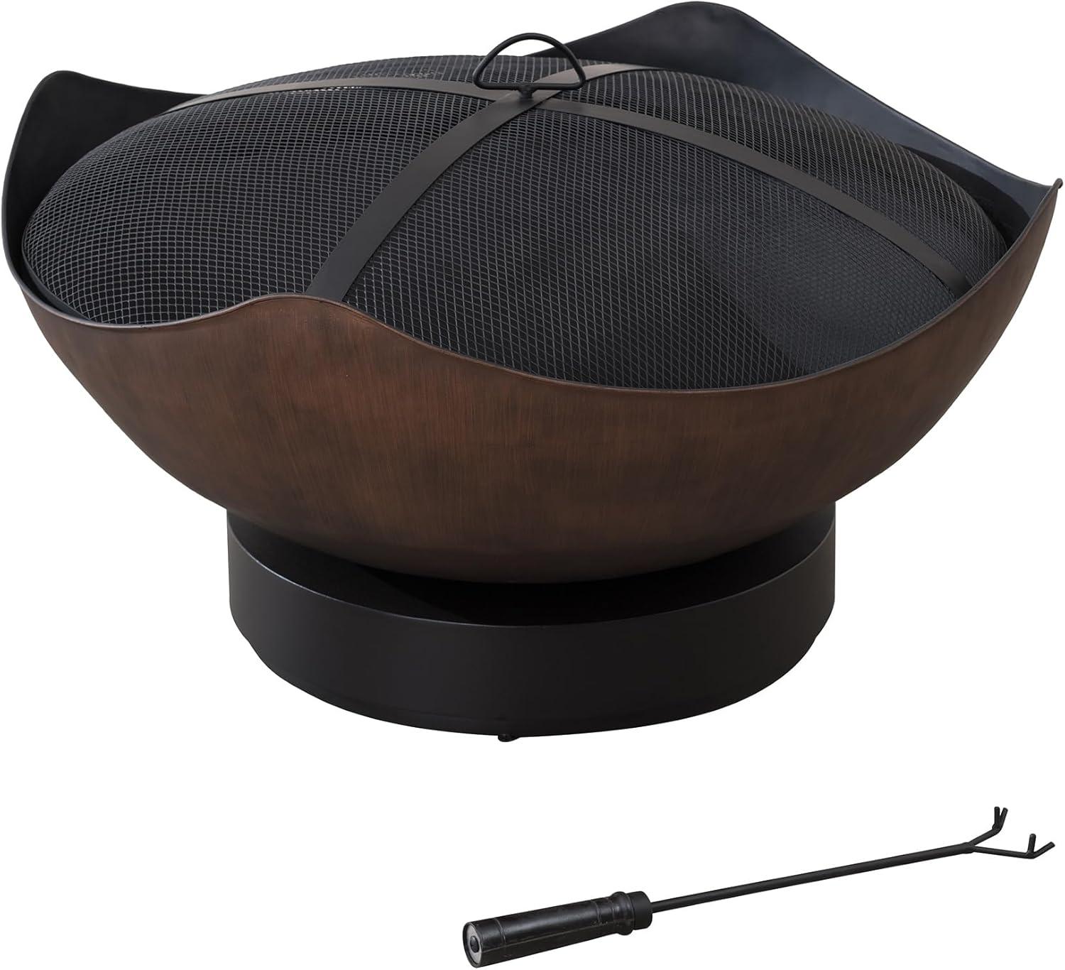 SUNJOY Outdoor Fire Pit 32 Inch Copper Steel Wood Burning Patio Fire Pit with Spark Screen and Fire Poker