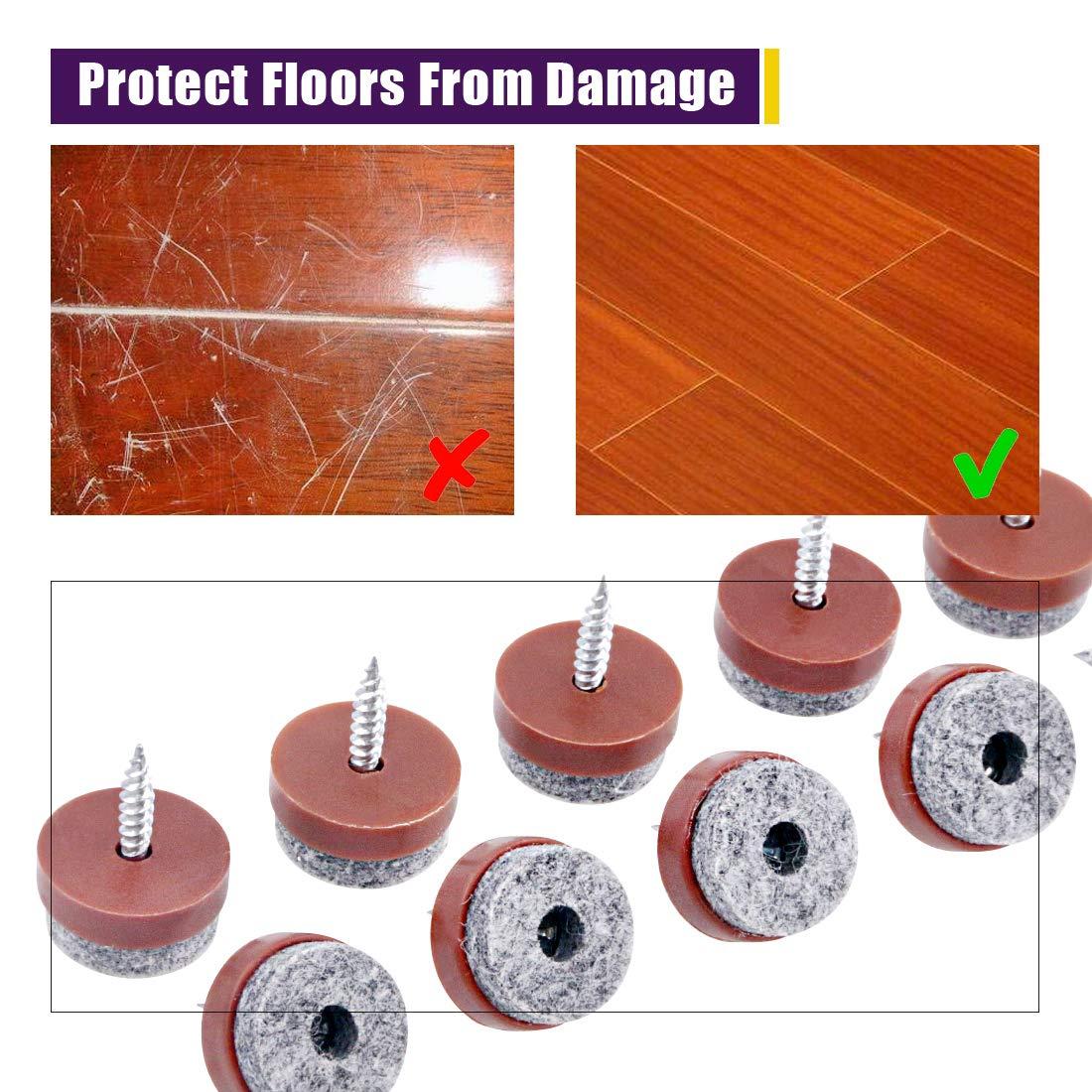 Swpeet 52Pcs 20mm Brown Furniture Felt Pads Non Slip Furniture Pads with Screw-on Felt Pad Furniture Slider Floor Protector for Wooden Leg Feet of Chair Table Sofa