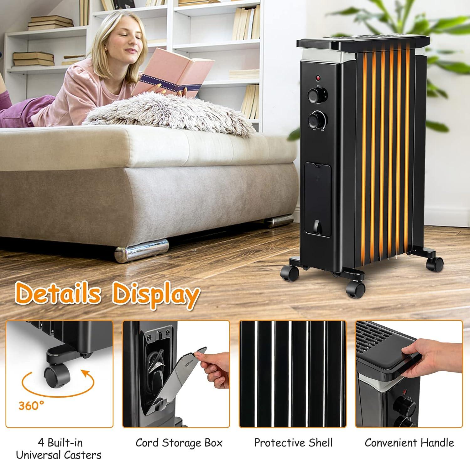 Resenkos Small Portable Room Heaters,Heater, Portable Heater,1500W Portable Oil Filled Radiator Heater with 3 Heat Settings-Black