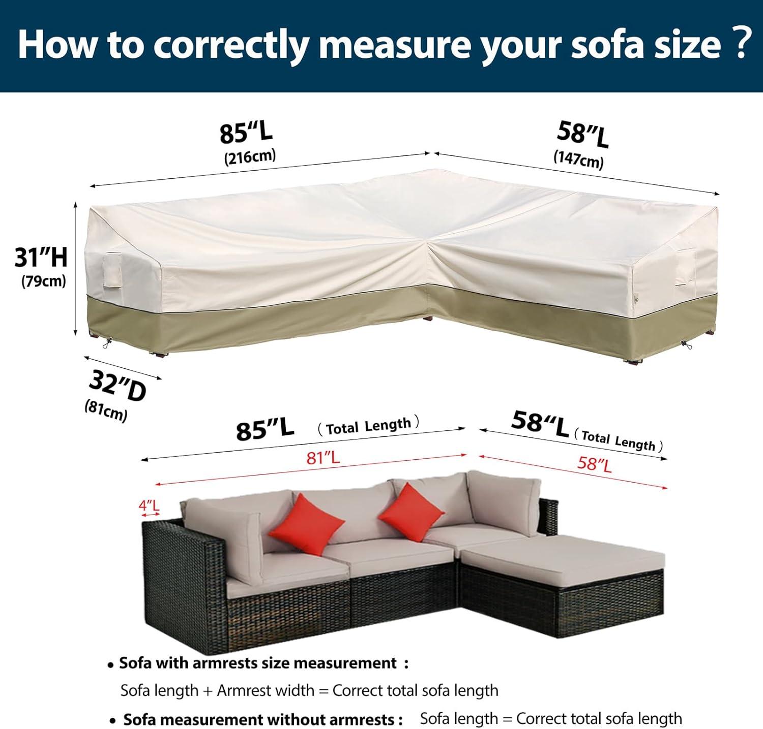 Outdoor Sectional Cover-V-Shaped Garden Patio Furniture Covers Waterproof Rip-Stop Anti-UV 600D Heavy Duty Outdoor Couch Cover with 3 Air Vents Sofa Cover 85''L 33.5''D 31''H,Beige & Reddish Brown