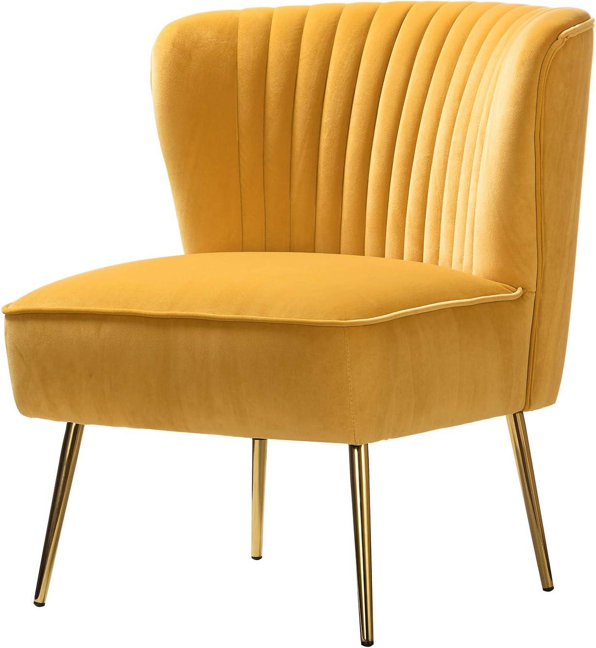 Comfy Velvet Accent Chair Transitional Armless Side Chair Gold Leg Vanity Living Room Adult Mustard