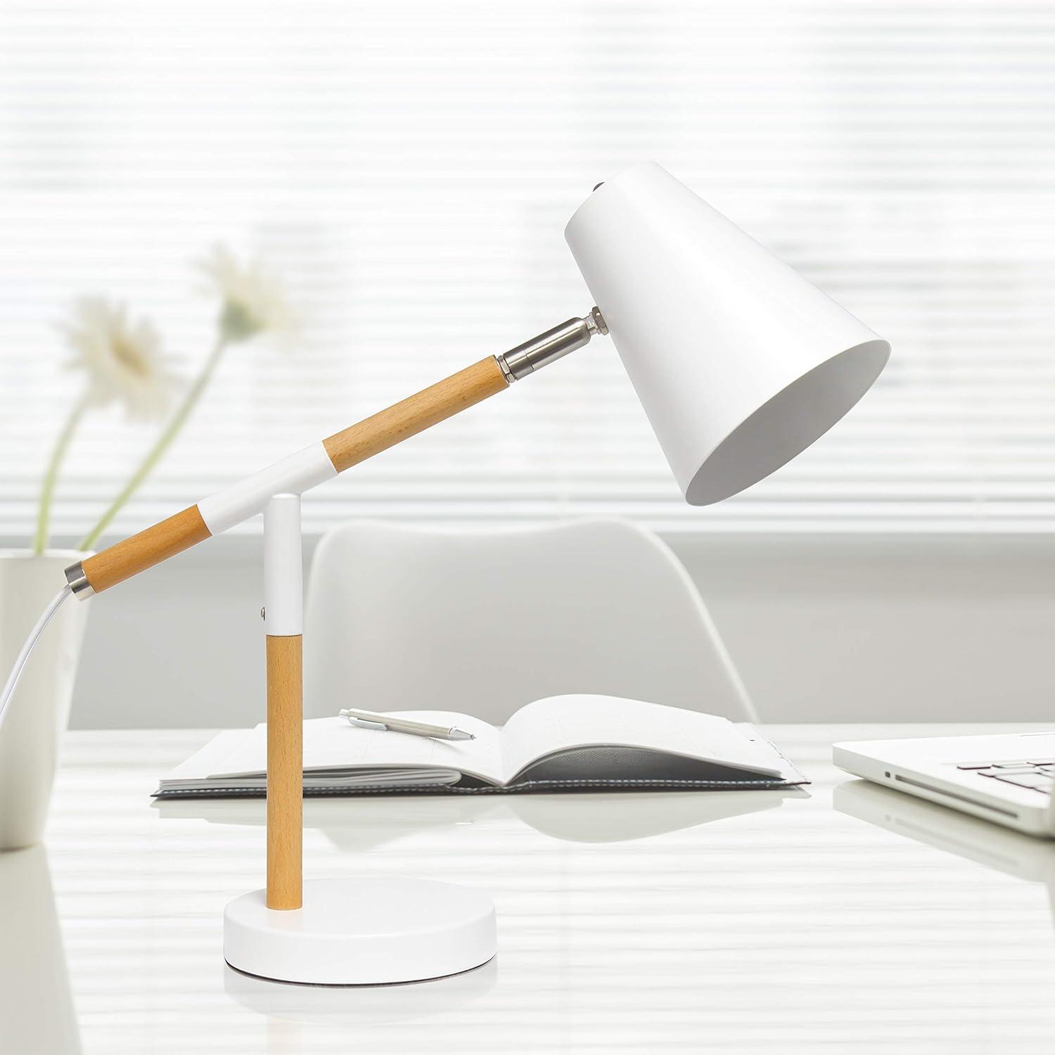 Simple Designs Wooden Pivot Desk Lamp White: ETL Listed, Adjustable Neck, Metal Shade, No Assembly Required