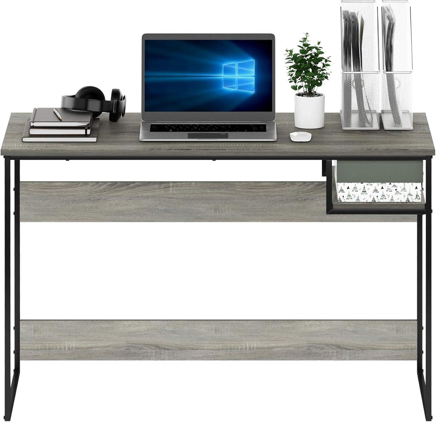 Modern French Oak Grey Study Desk with Metal Frame and Shelf