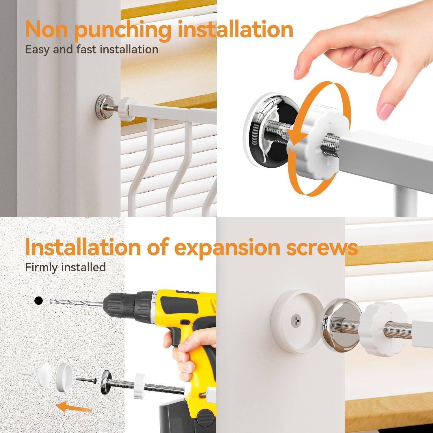 Baby Gates with Cat Door - Auto Close 29.5"-48.4" Safety Metal Dog Pet Gate for Doorway, Stairs, House, Walk Through Child Gate with Pet Door, includes 4 Wall Cups and 2 Extension Pieces