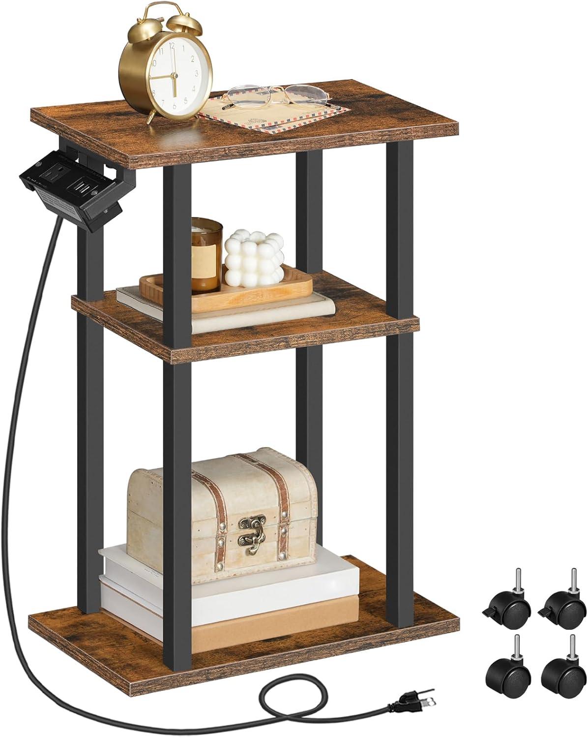 HOOBRO Small Narrow Side Table with Charging Station, Skinny End Table for Small Spaces, Slim Nightstand with USB Ports and Outlet, Sofa Beside Table on Wheels for Living Room BF122UBZ01