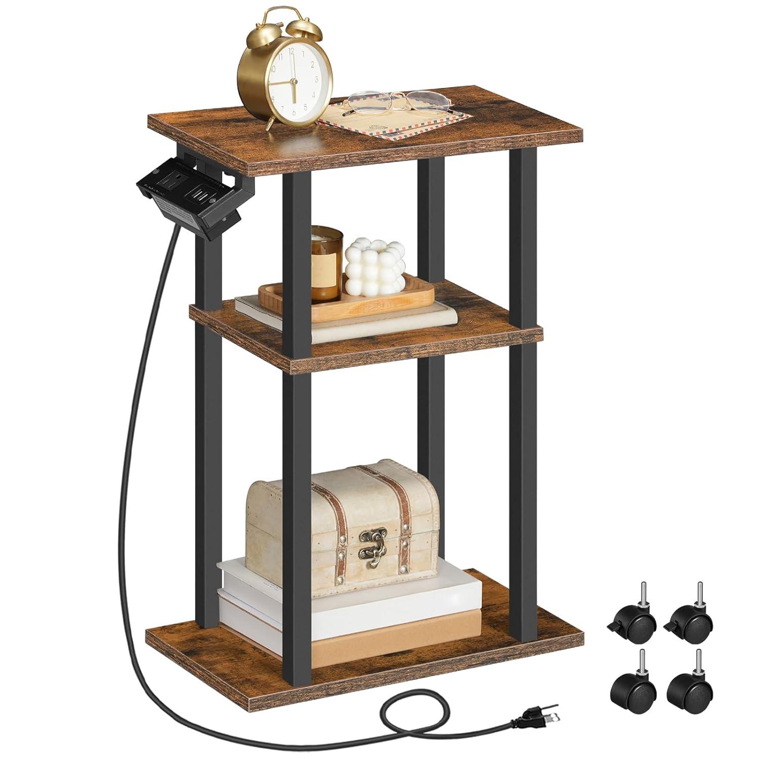 HOOBRO Small Narrow Side Table with Charging Station, Skinny End Table for Small Spaces, Slim Nightstand with USB Ports and Outlet, Sofa Beside Table on Wheels for Living Room BF122UBZ01