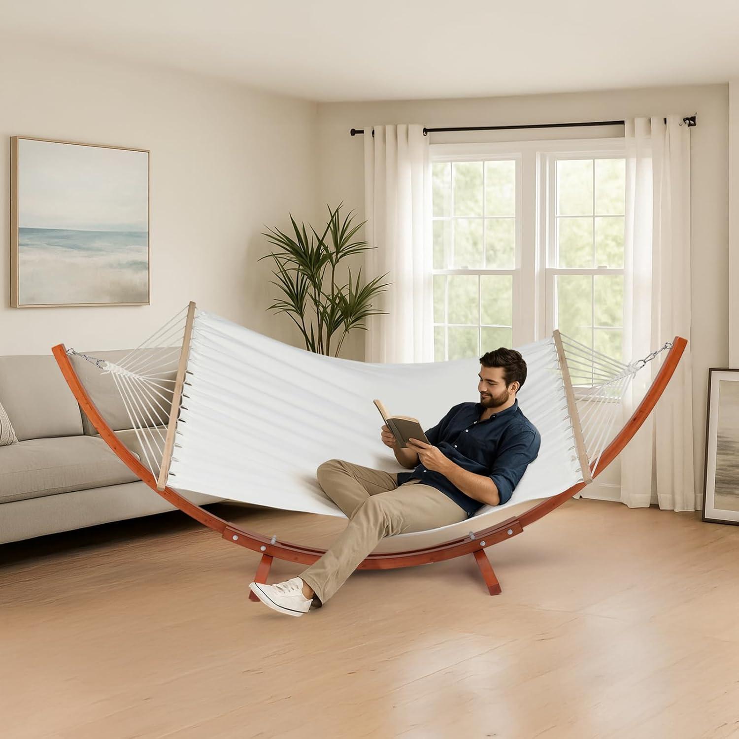 10.5 ft White Canvas Double Hammock with Pine Wood Arc Stand