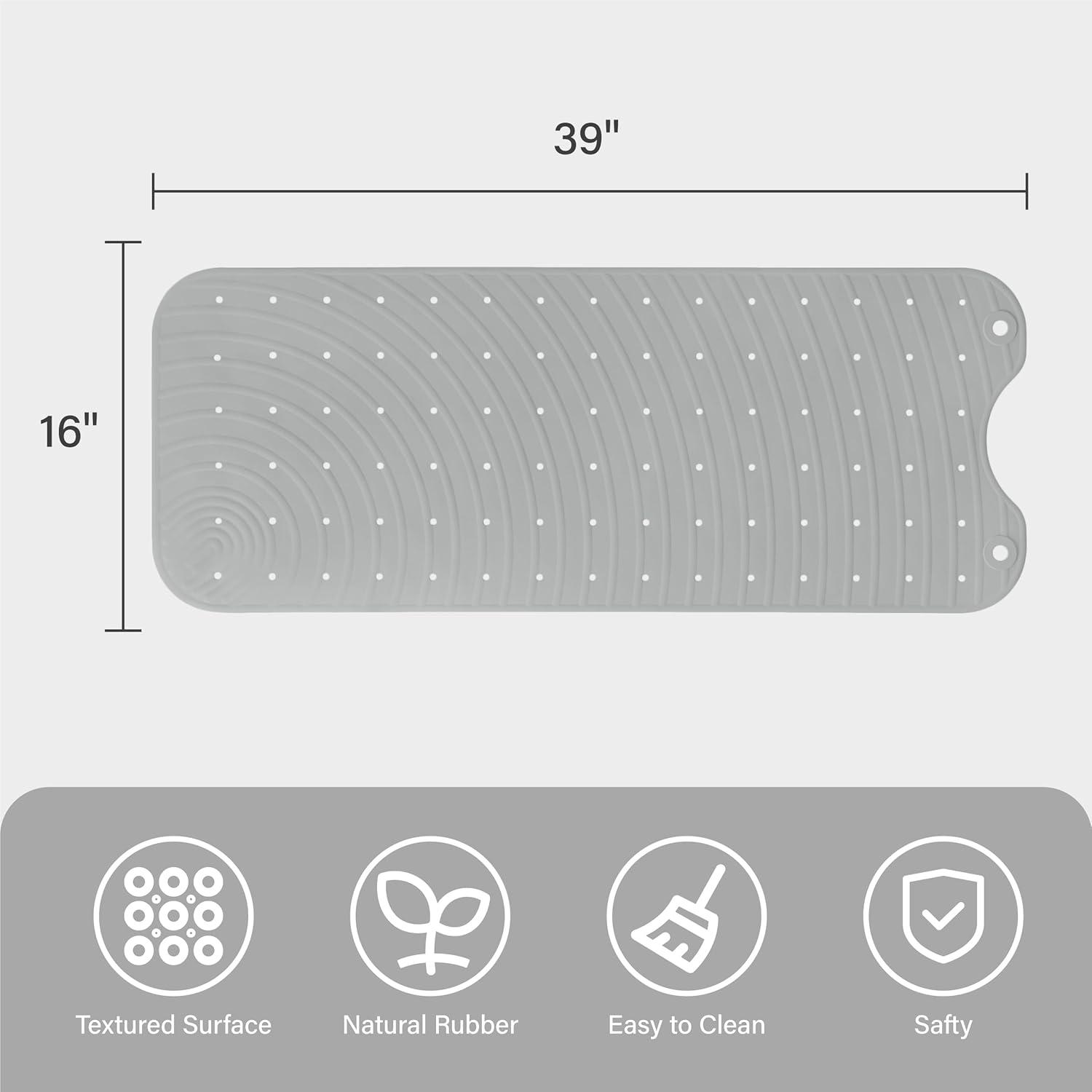 Extra Long Rubber Bathtub Mat, Non-Slip Shower Tub Mat, 39x16 Inch, Bath Tub Floor Mat with Suction Cups and Drainage Holes, Grey