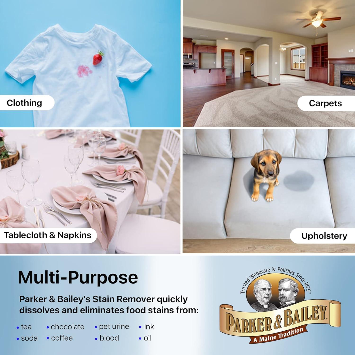 Parker & Bailey Liquid Stain Remover - Instant Stain Removal on Laundry Clothing Fabric Ink Grease Blood Grass Coffee Wine Food Carpet Upholstery Spot Cleaner Odor Free Detergent Booster, 8oz