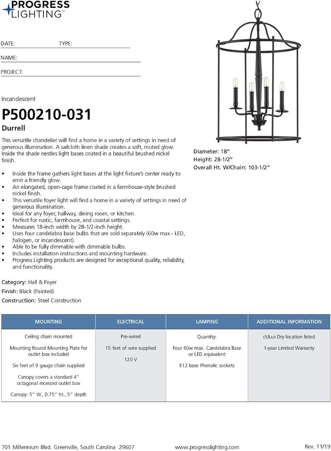 Progress Lighting Durrell 4-Light Foyer Pendant, Matte Black, Open-Cage, No Shade