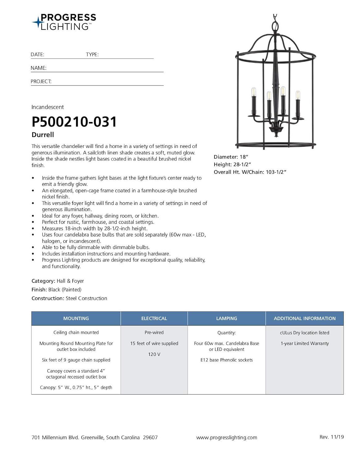 Progress Lighting Durrell 4-Light Foyer Pendant, Matte Black, Open-Cage, No Shade