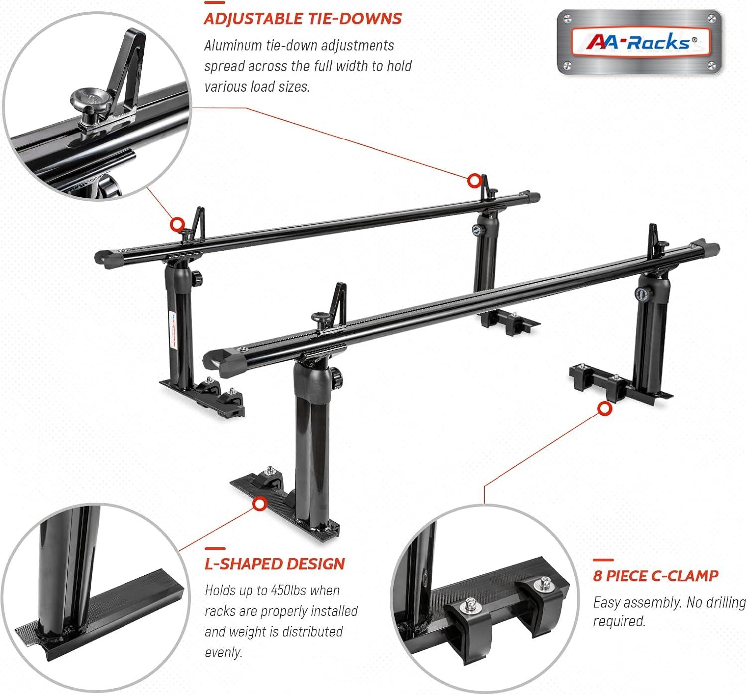 AA-Racks Model APX2501 75" Full-Size Pickup Truck Ladder Racks Low-Profile Height-Adjustable Utility Aluminum Truck Bed Rack with Load Stops-Black